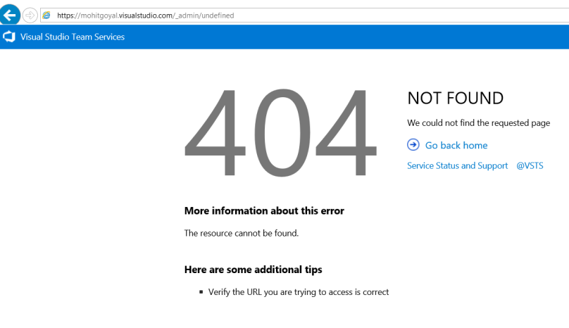 404 error page after deleting VSTS account